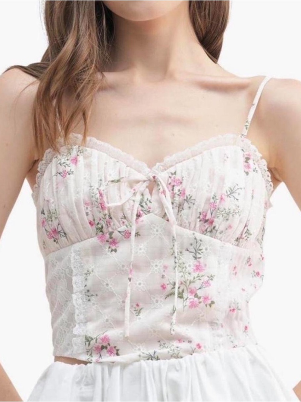 Nordstrom White Floral Lace Crop Cami with Pink Accents
